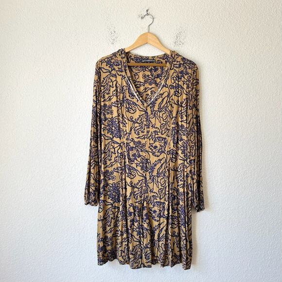 PERUVIAN CONNECTION Mini Dress Brown Blue Floral Puff Sleeve Boho - Picture 1 of 13